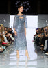 Silver & Blue Sequin Midi Dress with Draped Back